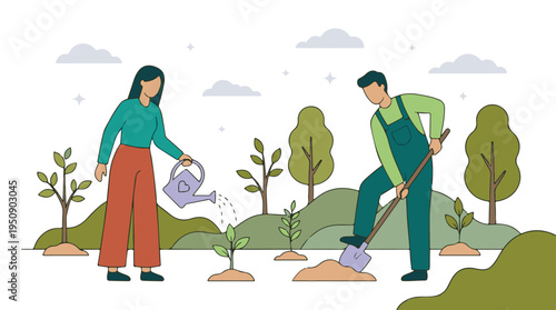 People planting and watering trees in a garden, nature and sustainability concept