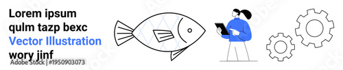 Technology, innovation, research, design, mechanics, analysis. Features a fish, gears and a person with a tablet in a simplistic design. Technology and innovation concept