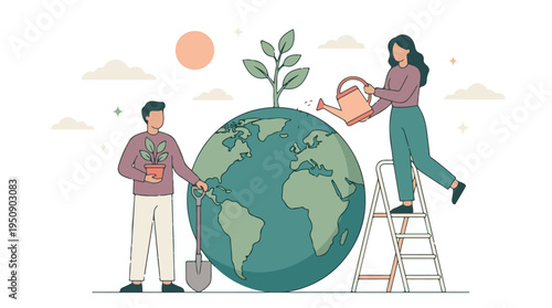 People planting and watering a tree on Planet Earth, environmental care