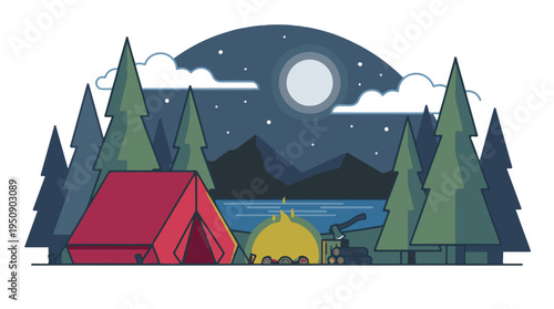 Flat design camping scene at night with tent, campfire, lake, and forest