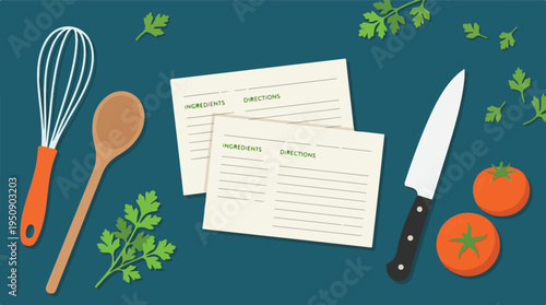 Flat Lay of Cooking Essentials: Recipe Cards, Kitchen Tools, Tomatoes, and Herbs