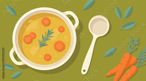 Overhead view of homemade soup with carrots, rosemary, and a ladle