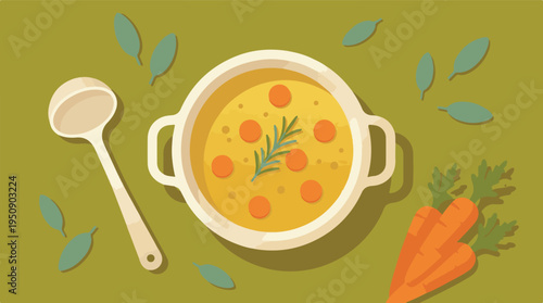 Warm carrot soup with fresh ingredients and ladle on green background