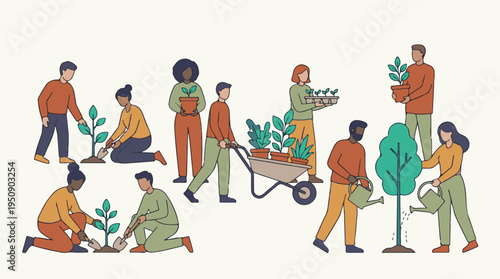 Diverse people planting and caring for trees, promoting environmental growth