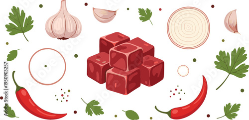 Raw Beef Cubes with Garlic, Chili Pepper, Onion and Herbs Cooking Ingredients for Spicy Meat Recipe Vector Illustration