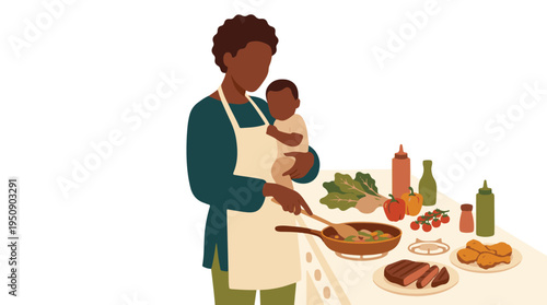 African American mother cooking with baby in modern kitchen, flat illustration