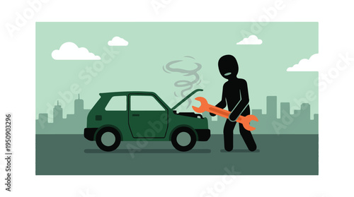 Minimalist illustration of a person fixing a broken car with smoke from hood