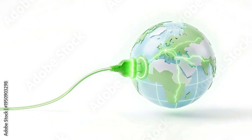 A globe with a green electrical plug connected to it, symbolizing global energy or environmental sustainability.