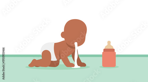 Baby spitting up next to a baby bottle, flat design vector illustration