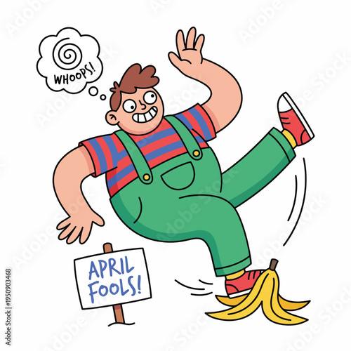 Joyful cartoon character experiencing a comical slip on a banana peel, celebrating the mischievous spirit of April Fools' Day with a funny and unexpected accident