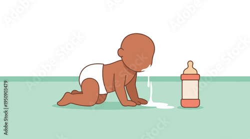 Baby crawling on floor with spilled milk from a baby bottle