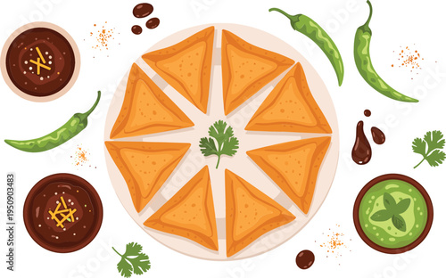 Indian Samosa Plate with Spicy Chutney, Green Chili and Coriander Traditional Street Food Snack Top View Vector Illustration
