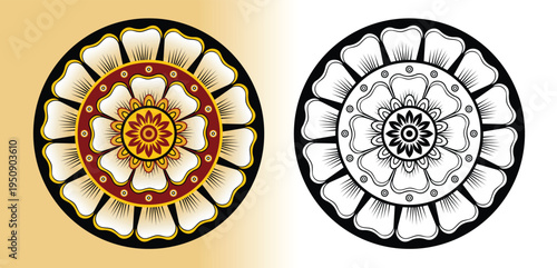 Sri Lankan Traditional Floral Mandala Vector Set with Color and Black Line Art Circular Ornament Design