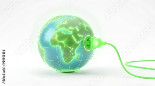 A glowing green globe with a power plug connected, symbolizing global energy or environmental sustainability.