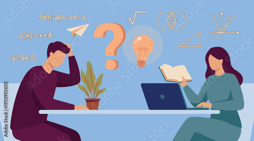 Students learning mathematics, one struggling with problems, another finding solutions