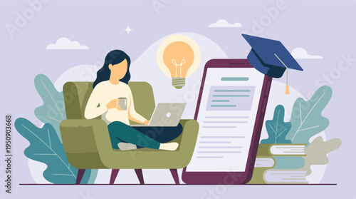 Woman studying online with laptop and smartphone, distance learning concept