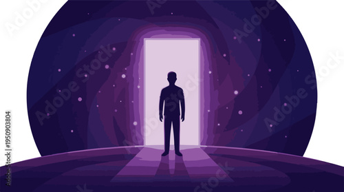 Man silhouette facing glowing portal in purple futuristic cosmic landscape