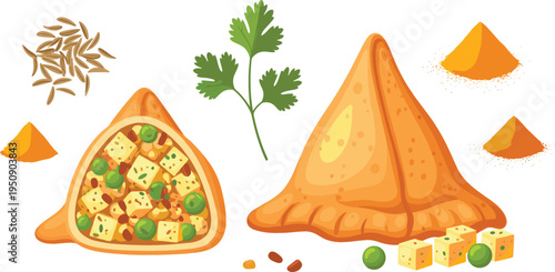 Indian Samosa Snack with Paneer Filling, Spices, Turmeric Powder and Coriander Traditional Street Food Vector Illustration Set