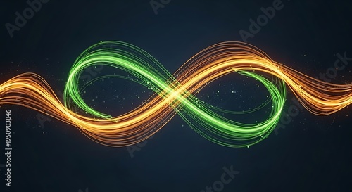 Abstract glowing infinity symbol formed by intertwined green and orange light trails against a dark background