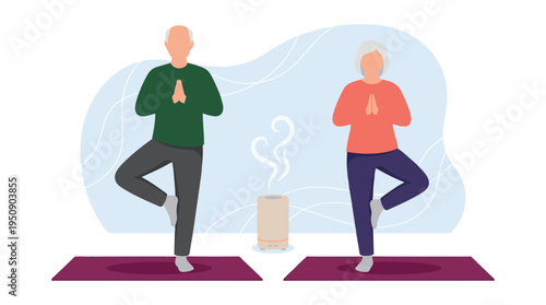 Senior couple practicing yoga tree pose with aromatherapy diffuser for wellness