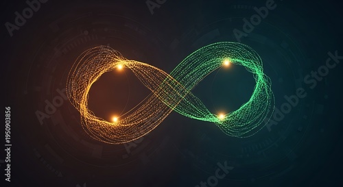 Abstract infinity symbol formed by glowing orange and green particle trails against a dark background