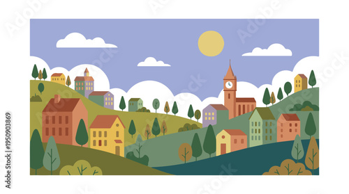 Charming flat design illustration of a picturesque town on rolling hills