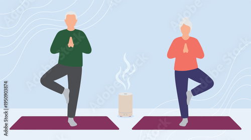 Senior couple practicing balance in yoga tree pose with aromatherapy