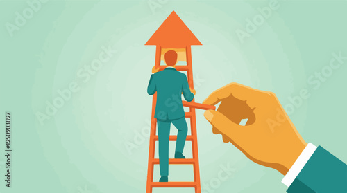 Concept of business growth and support with man climbing ladder