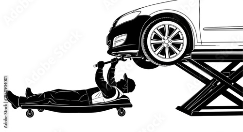 Illustration of a car mechanic on a creeper using a wrench to repair a vehicle on a scissor lift