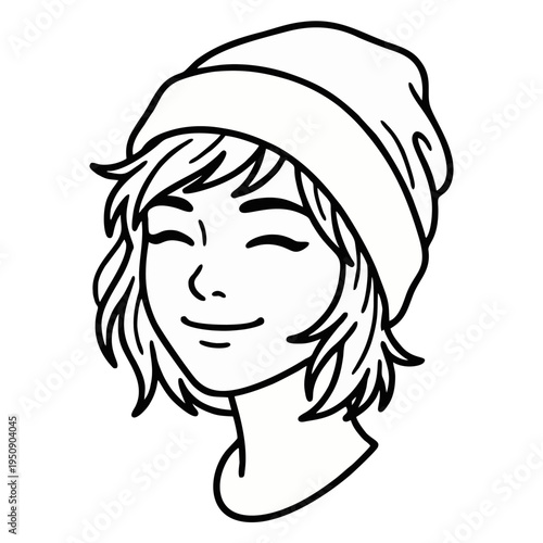 A person smiles with closed eyes while wearing a beanie, presented as line art, isolated transparent PNG cutout