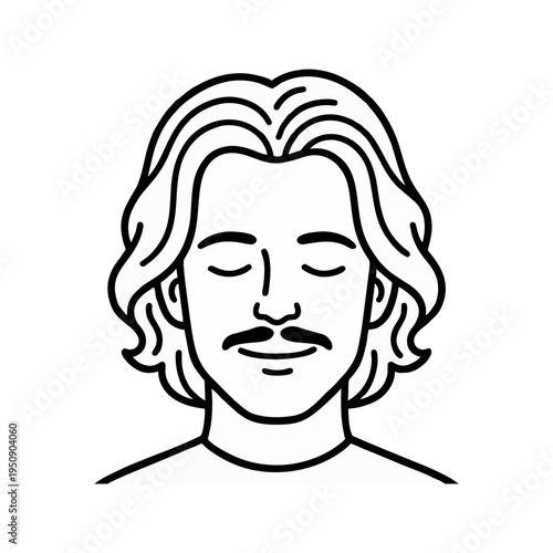 Isolated PNG line art of a man with mustache and closed eyes