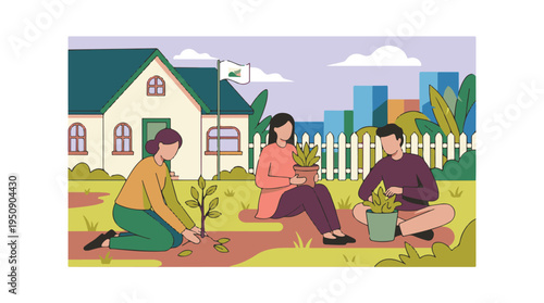 People gardening outdoors, planting trees and caring for plants