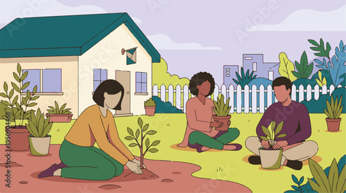 People gardening together in a home backyard, planting trees and plants