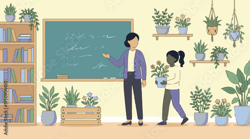 Teacher and student in a plant-filled classroom learning environment
