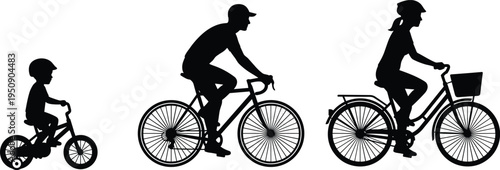 Family cycling silhouettes with child man and woman riding bicycles, minimalist black pictogram icons representing healthy lifestyle outdoor activity