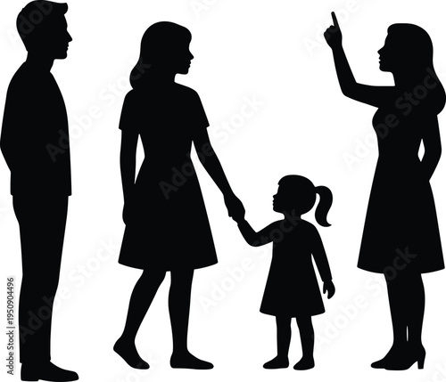 Family conflict silhouettes with parents child and angry woman arguing, minimalist black pictogram illustrating disagreement parenting tension and social issues