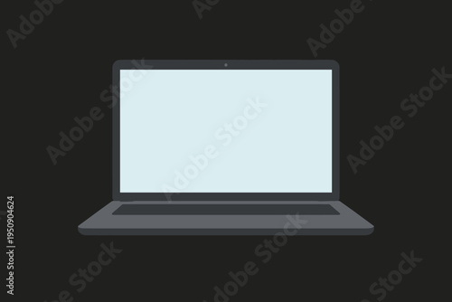 Minimalist vector illustration of an open laptop featuring a blank light blue screen and dark grey body on a dark background, perfect for technology mockups, remote work, and digital design concepts.