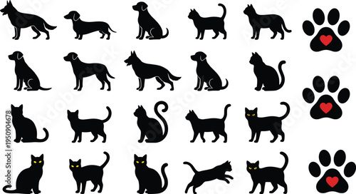 Dog and cat silhouettes collection with paw icons and heart symbols, minimalist pet animal pictogram set for veterinary branding