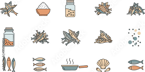 Dried Anchovy Seafood Icon Set with Fish, Powder, Jar, Cooking Pan and Marine Food Elements Minimal Vector Illustration Collection