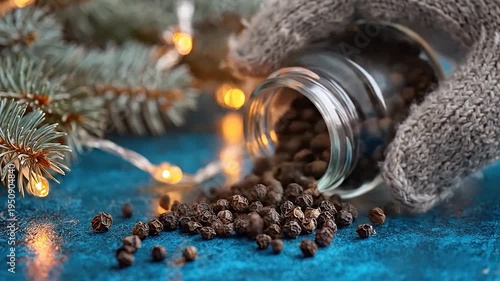 Whole peppercorns spill from a glass jar with festive lights and greenery
