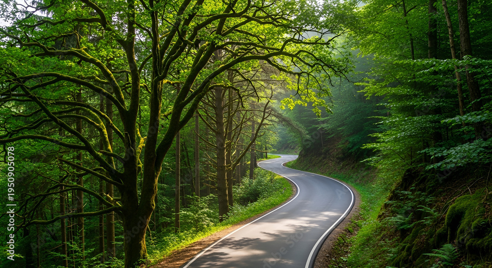 Fototapeta premium Winding Road Through Lush Green Forest with Sunlight and Mossy Trees