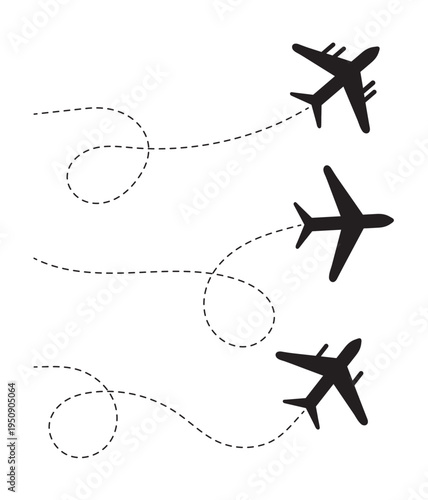 Airplane Dotted Flight Path Icons – Travel Route Line Vector Set