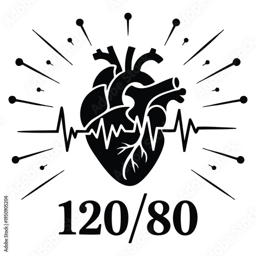 Good health vector icon featuring blood pressure numbers with heart pulse cardiogram medical pulsometer logo element heart beat label hospital equipment concept flat black and white design isolated