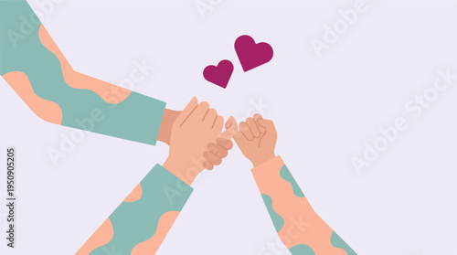 Pinky promise between adult and child with hearts, symbolizing love and trust