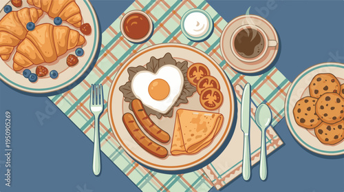 Flat lay illustration of a delicious breakfast spread with coffee and pastries