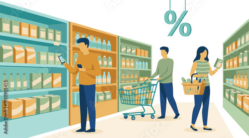 People shopping for groceries in a supermarket aisle with sale promotion