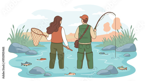 Couple fishing in a river with a rod and net, outdoor recreation illustration