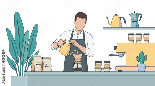 Barista preparing pour-over coffee in a minimalist cafe setting