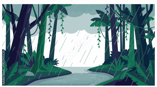 Rainy tropical jungle landscape illustration with river and lush trees