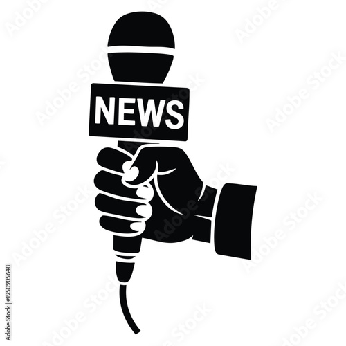 Hand holding a news microphone icon journalism and reporting symbol simple black glyph of reporter hand with mic for broadcast interview or press conference vector illustration